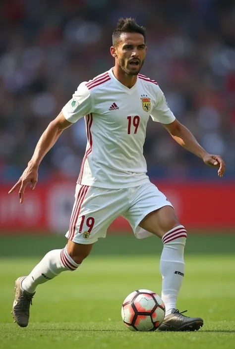 Full body shot of male Spanish soccer player, expressive face, expressive pose, wearing white soccer uniform. Detailed and dynamic action pose, full body shot, natural lighting, photorealistic, realistic, photography style, 8k, HD