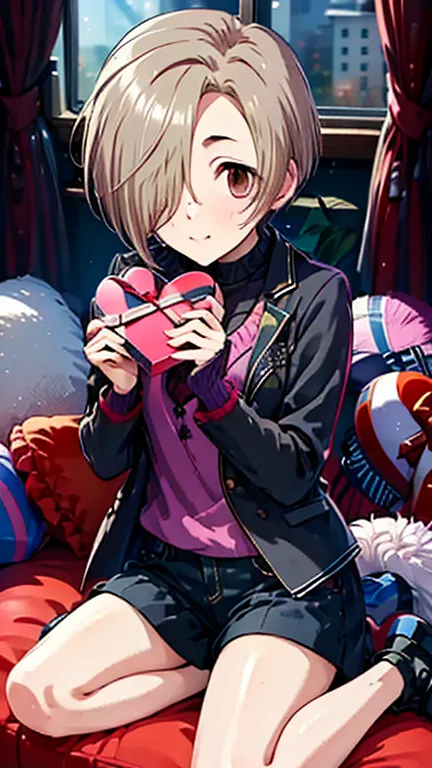  top quality, 1 girl, Shirasaka Koume,  blonde hair ,  hair to hide one eye ,  short hair,  brown eyes ,  file, valentine