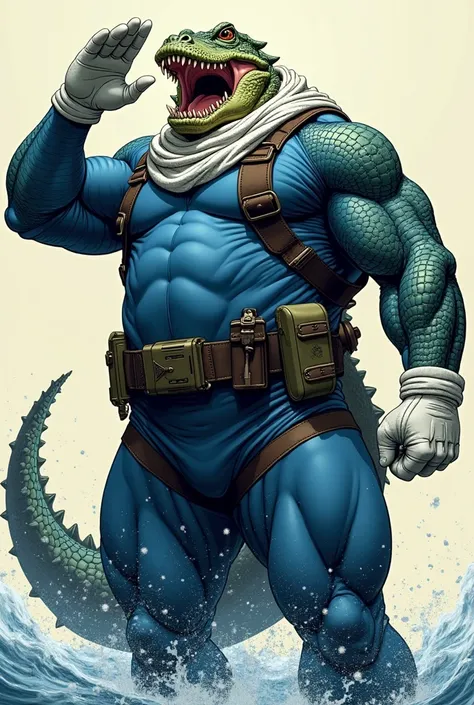 (A rugged beefy extremely muscular bulky roaring crocodile man), (wearing blue fully-zipped fullbody wetsuit), saluting, wearing bulky harness, wearing bulky scuba gear, wearing white hero scarf, muscular physique, toned muscles, fierce, heroic, action, co...