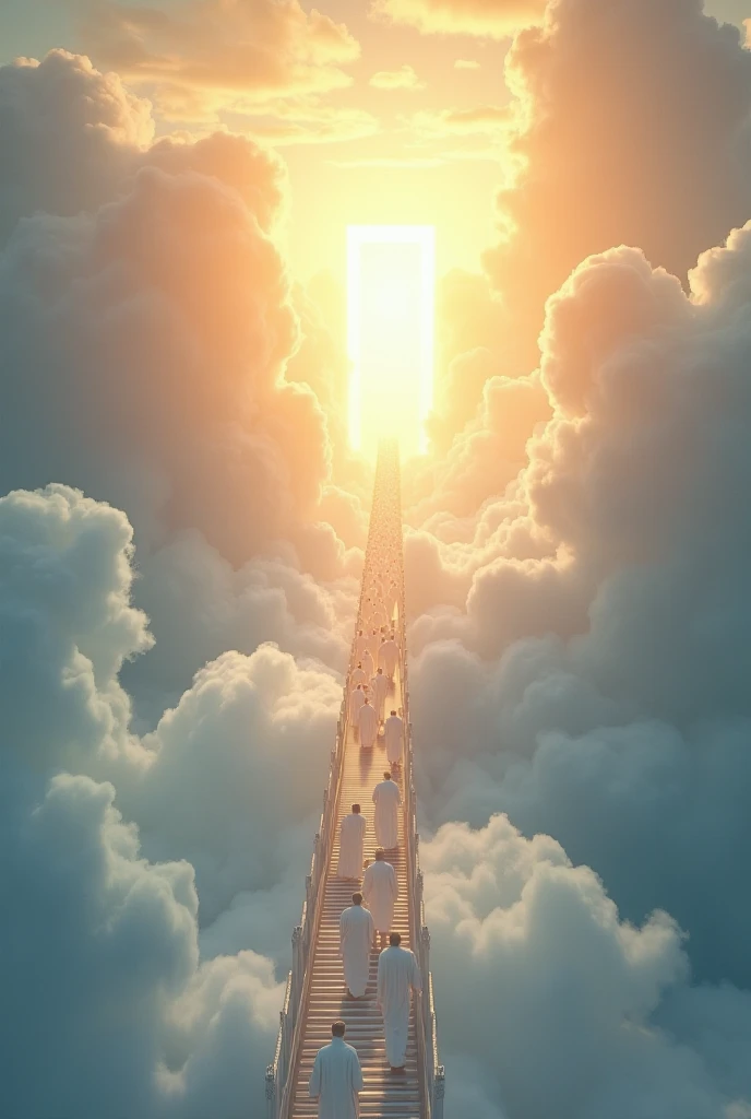 A long staircase made of clouds leading to a bright golden portal in the sky, a large group of people dressed in white robes walking upwards, ethereal and divine atmosphere, heavenly scenery, soft glowing light, majestic and awe-inspiring, ultra-detailed, ...