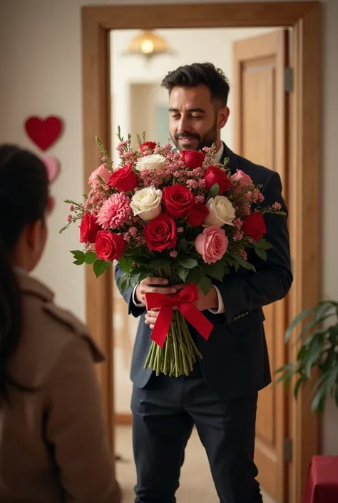 On this Valentine’s Day a man is holding a big bouquet but he may fall on the floor while giving it to his wife , friend or fiancé 