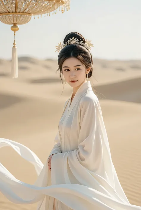 Hairstyle girl tied behind in a bun, with  (( with a Chinese queen's high hair bow, with a chandelier, flowers )) In an all white antique hanfu dress, a light green long skirt with a long fabric, fluttering. ((The back is a desert  )) Full body smiling 