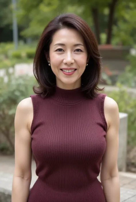 Beautiful middle-aged woman standing in a park (48 years old: 1.4), ( face), wavy dark hair ,Slender and long legs, fine laugh lines: 1.2, and a bewitching smile . 。 sharp facial details , amazing beauty (Ultimate beauty), It features 、 (lipstick: 1.1...