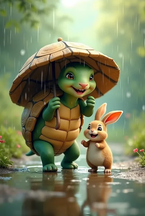 The turtle lifts his shell like an umbrella over the rabbit's head. Both characters laugh joyfully, walking together through the rain. Raindrops create ripples in puddles around their feet."*  