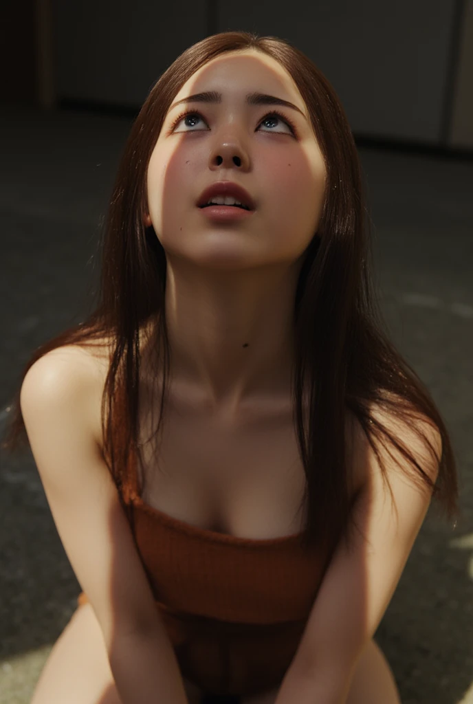  beautiful girl,  is kneeling in front of the viewer ,  The huge shadow of the penis reflected on her face ,   She looks up at her penis in awe ,   detailed facial features from genitals ,  Photorealistic ,  dramatic lights ,  high quality, 8k,  super deta...