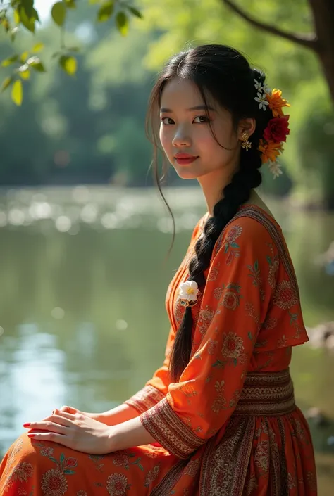 Beautiful Malay Girl in Village Batik Brackets Sitting by River