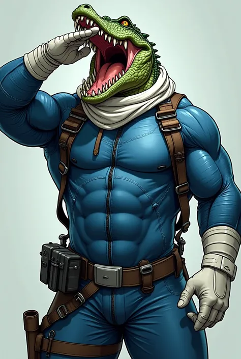 (A rugged beefy extremely muscular bulky roaring crocodile man), (wearing blue fully-zipped fullbody wetsuit), salute pose, wearing bulky harness, wearing bulky scuba gear, wearing white hero scarf, muscular physique, toned muscles, fierce, heroic, action,...