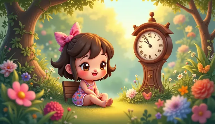 At first, Lily laughed and ignored the warning. lilly sitting in a garden near the clock in a cartoon form