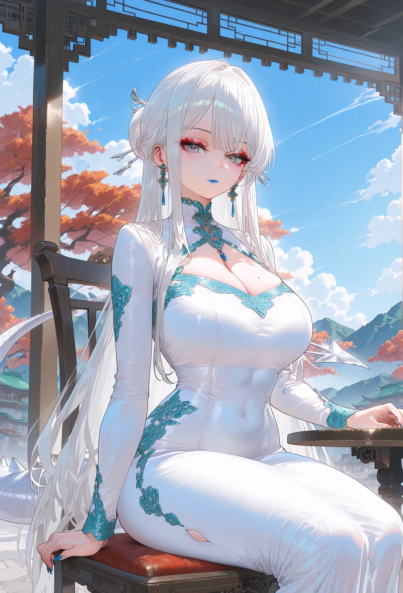 (Silver dragon tail), mixed_artwork style, long hair, white hair, sidelocks, side bangs, silver eyes, perfect eyes, (sharp eyes), white dress, Mole under eye, curvy, (massive chest), White outline, (expressionless), Sensual woman, Seductive woman, Mature f...