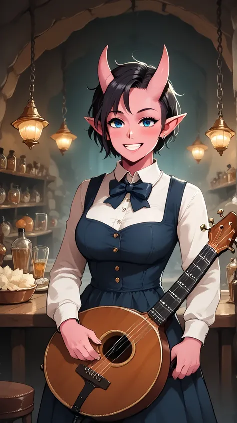 Female Bard rockstar Tiefling with pink skin,cool Tiefling horns with golden streaks,character of D&D, black hair, blue eyes,  smile, playing_ instrument, acoustic_guitar,  Perfect Eyes, pink skin,adult actress,background fantasy tavern, big breasts,  smil...