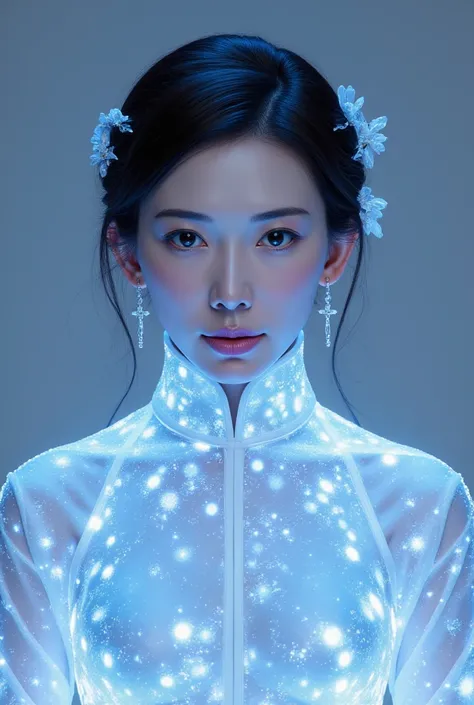 A luminous Chinese beauty from ancient dynasties (221 BCE - 220 CE) stands majestically against a neutral background, her vibrant white-blue twotone attire radiating an otherworldly aura. David Lachapelle's lens captures the frozen moment of her polished b...