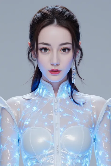 A luminous Chinese beauty from ancient dynasties (221 BCE - 220 CE) stands majestically against a neutral background, her vibrant white-blue twotone attire radiating an otherworldly aura. David Lachapelle's lens captures the frozen moment of her polished b...