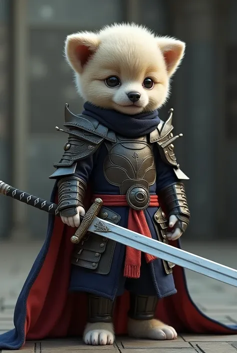  Superrealistic HD 、 photo quality 8k 。 standing like a super cute puppy wearing a swordsuit Obeid。In the brain 、 wearing a sword mask 。 holding a sword without a sheath 。 sword tip pointing towards opponent .。it&#39; A realistic swordsuit .。 Stunning imag...