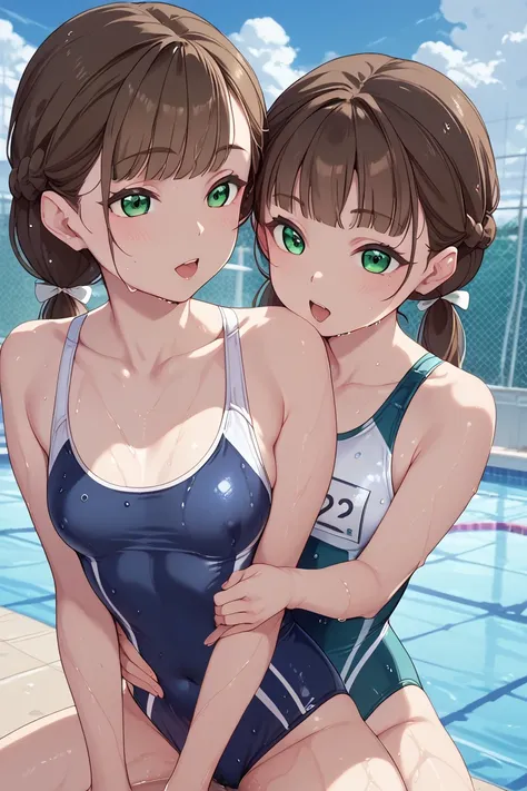  sex、Small breasts、 brown hair、 Green Eyes 、 competitive swimsuit、(((Wet)))