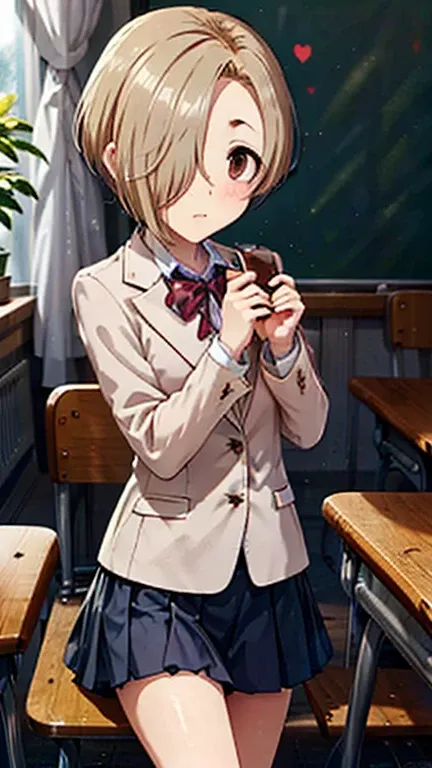  top quality, 1 girl, Shirasaka Koume,  blonde hair ,  hair to hide one eye ,  short hair,  brown eyes ,  file, valentine,Give chocolate , blazer, school uniform,classroom, shy face