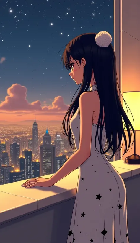     Woman wearing a white white dress with black star details,   fair skin,  medium long hair ,  black hair , on the counter like a rich woman's eyes looking at the view of the buildings, holding , in a building,    in a bedroom and white marble walls, Too...