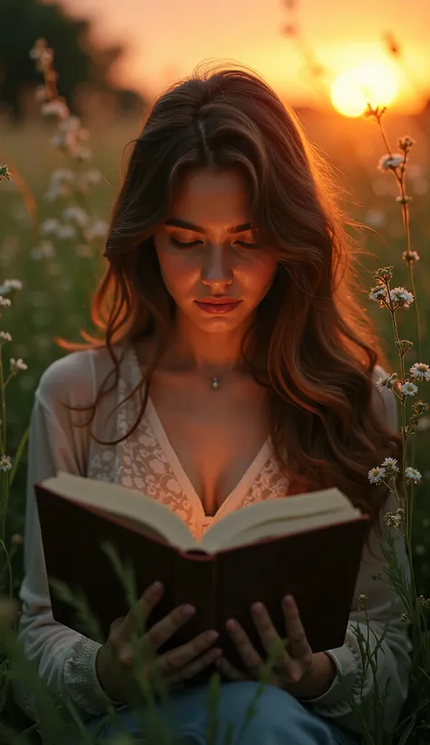 nature, Motivational image, dark filter,  Woman,  pretty face, flores,  sunset , Reading book