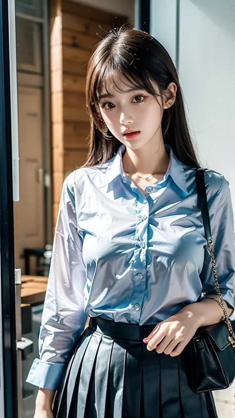 hyper-realistic， high quality， HD ， High detail，8k， aquamarine hair ， wears a white collared shirt and black pleated skirt，Solo girl with shoulder bag 、 gray eyes and full chest 。