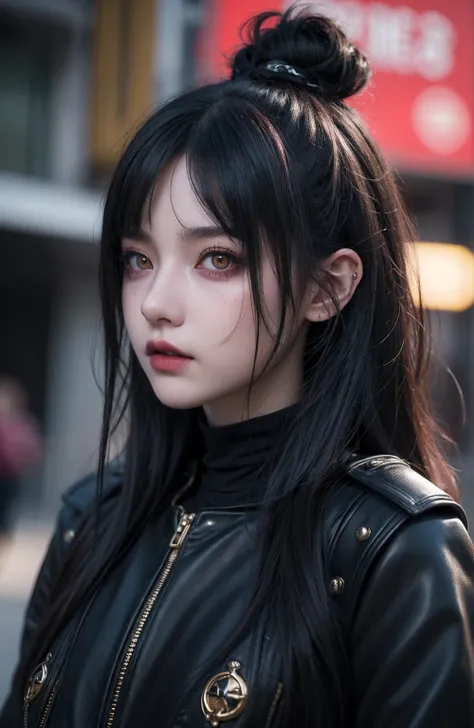 superb rendering, 8k, Masterpiece, Ultra Quality, Beauty: 1.2, Professional Illustration: 1.1, Ultra Detail: 1.3, Ultra Lighting, Highly Detailed, (dark light details) 1girl, 
 Goth_punk
heterochromia with Red Eyes and Yellow Eyes