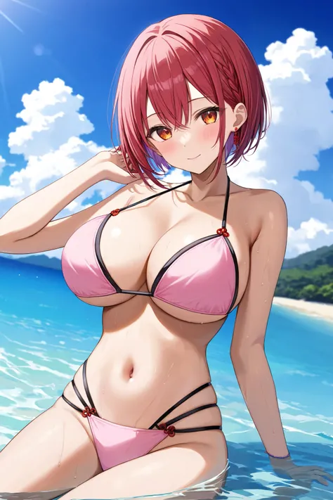 sawaki rinna,  Hi-Res,  Masterpiece,  very detailed,  1 Japanese Woman ,

short bob hair, red hair, dark orange eyes , 
breasts, large breasts, 
clothing(multi-strapped bikini, bikini swimsuit,
Light pink bikini , Black string, red piercing in the right ea...