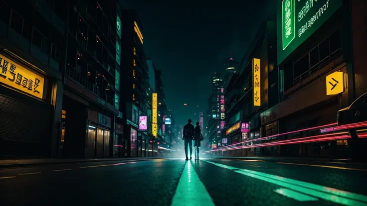 cyberpunk masquerade couple walking away on a gold brick road, cyberpunk emerald city in the distance, high detail, long shot, wide shot, 4K, 3D, REALISTIC, (iridescent glow smoke), UHD, 32K, very bold neon colors, black light, neon light, hong kong