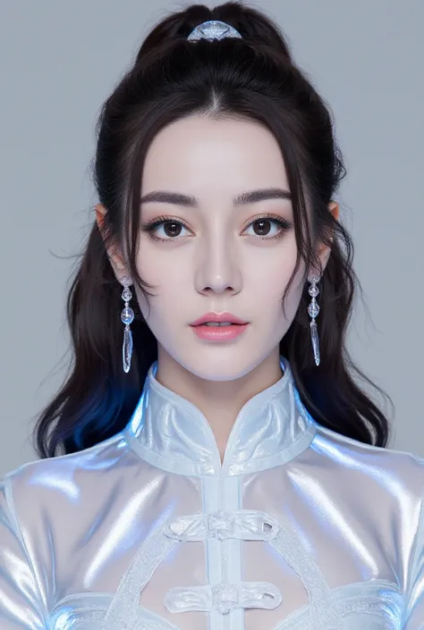 A luminous Chinese beauty from ancient dynasties (221 BCE - 220 CE) stands majestically against a neutral background, her vibrant white-blue twotone attire radiating an otherworldly aura. David Lachapelle's lens captures the frozen moment of her polished b...