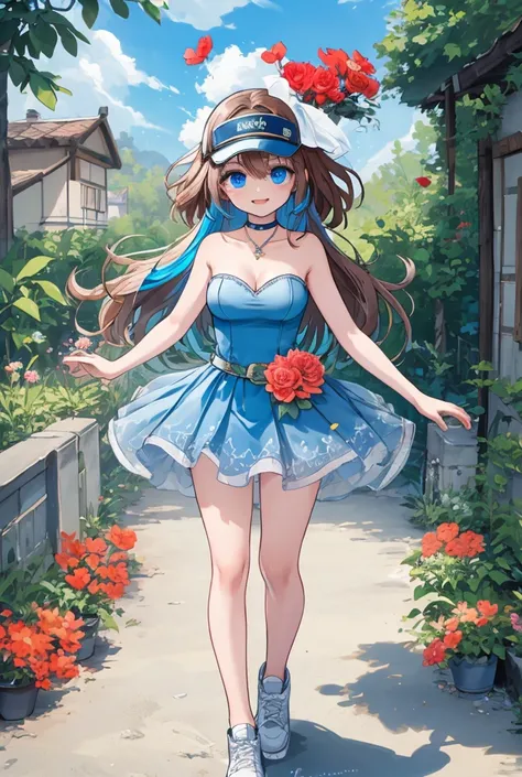 1 girl,   long hair, (  Brown hair1 .2), ( blue hair0 .6),  blue eyes,  pretty face,   looking at the camera ,  Flirting, (( big red flower on the head)), gorra white y azul, ((hat with visor  white)), [[hat with visor  azul]] hat with visor  de tipo depor...