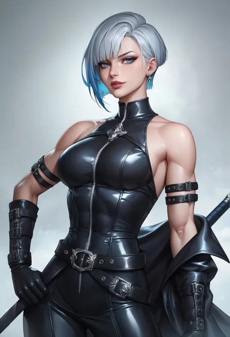 female black sleeveless latex coat with belt, black belt, racerback, bare shoulders, long gloves, black gloves, toned arms, tall, beautiful faces, light blue short hair, short cut hime, earrings, black earrings, soft smooth skin, pale skin, white backgroun...