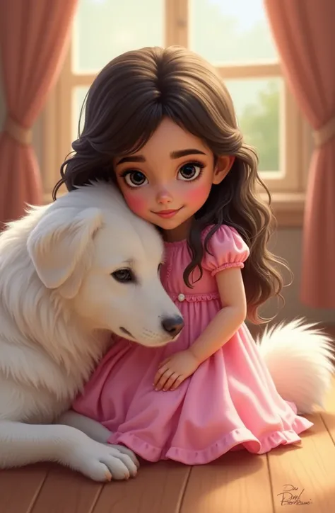  princess plays with a big white dog with her pink dress.  she has long hair, dark brown and frizzy ,  dark brown eyes