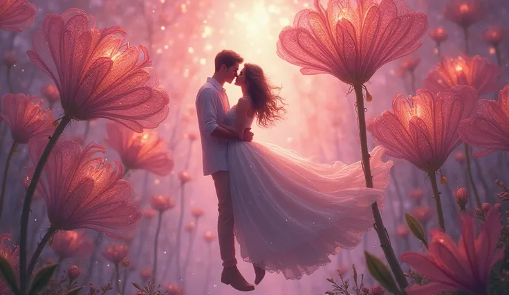 A tender couple, entwined in a loving embrace, floats weightlessly amidst a fantastical garden of colossal, iridescent flowers with delicate, swirling patterns, their petals unfolding like ethereal umbrellas, emitting soft, pulsing luminescence that casts ...