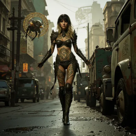 - Main Character, "Korean" Adult Woman, Beautiful, Tall, Long Legs, Golden Eyes, Golden Black Hair.

- Wearing a costume ("Full Sexy Armor").
(Armor Chest and Thighs slightly open).
Futuristic Costume Design.

- Sexy and Athletic body shape, full of tribal...