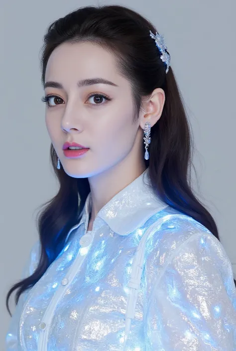 A luminous Chinese beauty from ancient dynasties (221 BCE - 220 CE) stands majestically against a neutral background, her vibrant white-blue twotone attire radiating an otherworldly aura. David Lachapelle's lens captures the frozen moment of her polished b...