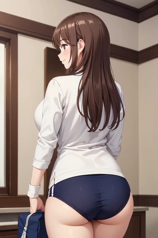 a girl in a white shirt and  a navy blue gymnastics bloomers,long brown hair,big beautiful breasts,big beautiful hip, beautiful waist curve,High leg,smile, back view, from behind,back style,in the hotel room