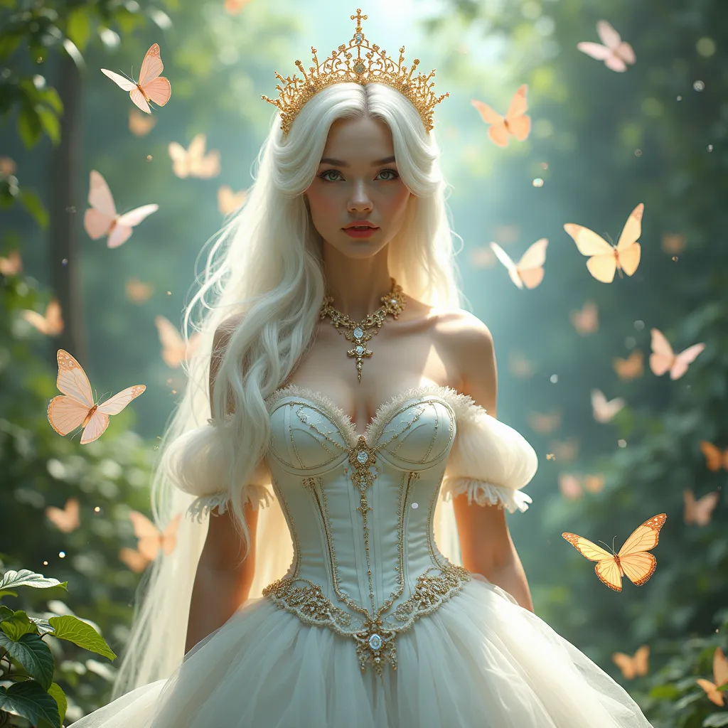 8K,photo RAW,de la plus haute qualité,chef-d'œuvre,Bâton photoréaliste,mise au point nette, femme en robe blanche entourée de nombreux papillons,art fantastique,belle female princess,plan de corps entier,Diadème au design complexe,belle face,visage détaill...