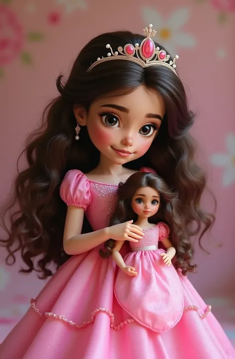  princess plays with a doll with her pink dress.  she has long hair, dark brown and frizzy ,  dark brown eyes