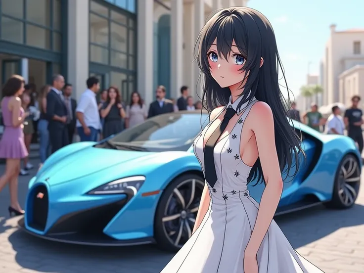      Woman wearing a white white dress with black star details  ,    fair skin,    medium long hair  ,   black hair ,Like Rica  ,   her building with her dear blue diamond car ,  beautiful modern car ,   on a street in Dubai    ,    with her diamond car ne...