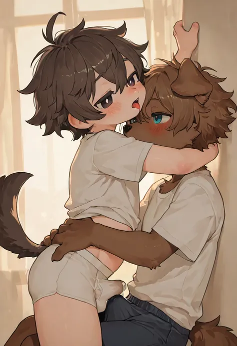 source_ furry， furry male，elementary school students，((boy )),Two dog boy s，Dog Tail  ,short hair,masterpiece, newest,absurdres, incredibly absurdres, bright eyes, detailed eyes,short hair,  messy hair, blush,shirt，Underwear， head tilt,upper body,boy  on t...