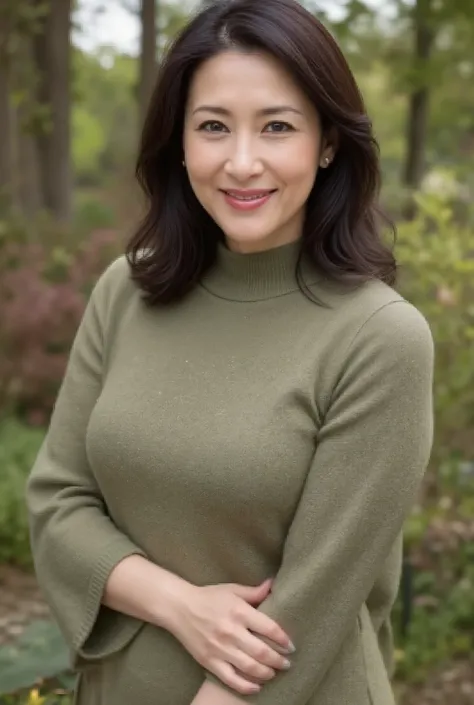 Beautiful middle-aged woman standing in a park (48 years old: 1.4), ( face), wavy dark hair ,Slender and long legs, fine laugh lines: 1.2, and a bewitching smile . 。 sharp facial details , amazing beauty (Ultimate beauty), It features 、 (lipstick: 1.1...