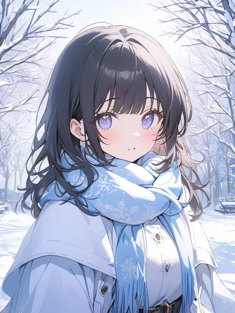 1 girl, bangs, black hair, blue-violet eyes, winter wonderland scenery