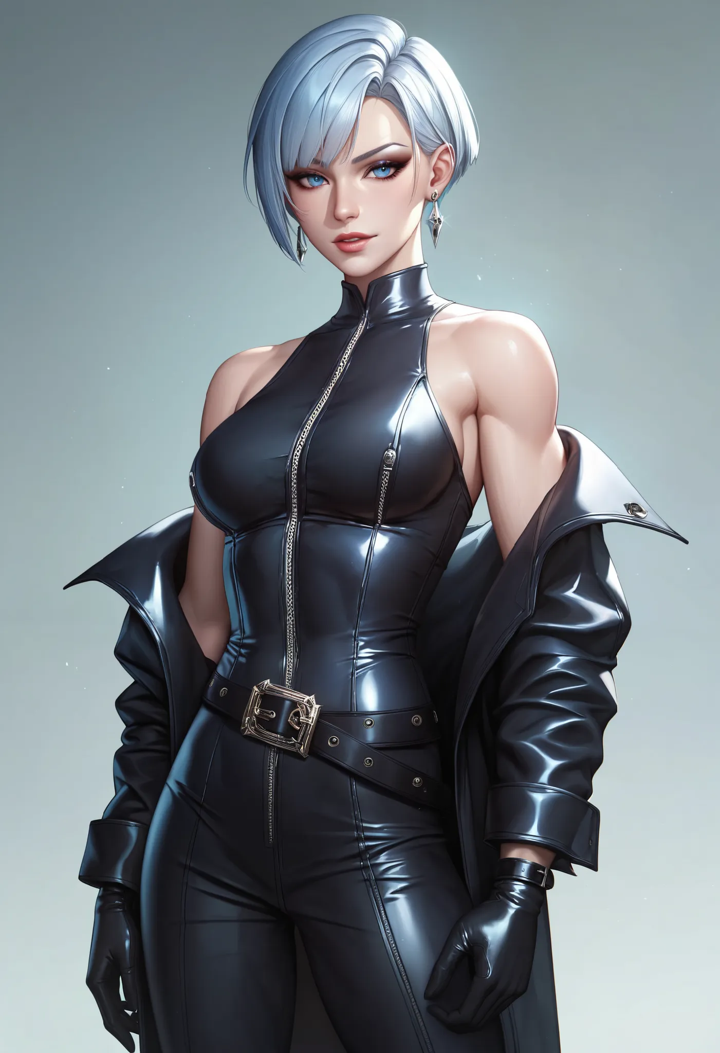 female black sleeveless latex coat with belt, black belt, racerback, bare shoulders, long gloves, black gloves, toned arms, tall, beautiful faces, light blue short hair, short cut hime, earrings, black earrings, soft smooth skin, pale skin, white backgroun...