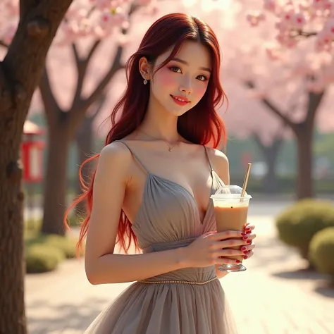 A photorealistic image of a beautiful Chinese girl with light fair skin, dressed as a K-pop idol. She is wearing an Silver Evening-gown with a skirt, exuding charm and allure. She has very long burgundy hair that flows elegantly. Her figure is elegant, cap...