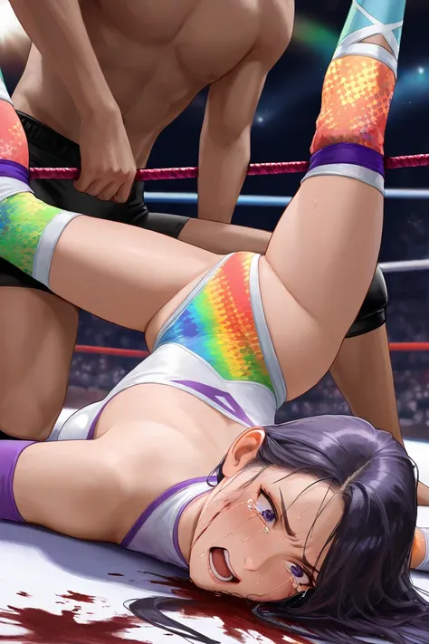 boyfriend,Hunt for swimsuits,Splitting your legs using wrestling ropes, blood splatter,Tears of frustration,Holding a female professional wrestler's rainbow patterned high leg costume,masterpiece,unity 8k wallpaper, photorealistic,detailed face , ((nsfw)),