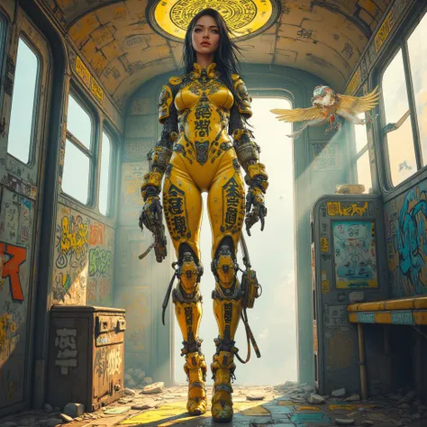 - Main Character, "Korean" Adult Woman, Beautiful, Tall, Long Legs, Golden Eyes, Golden Black Hair.

- Wearing a costume ("Full Sexy Armor").
(Armor Chest and Thighs slightly open).
Futuristic Costume Design.

- Sexy and Athletic body shape, full of tribal...