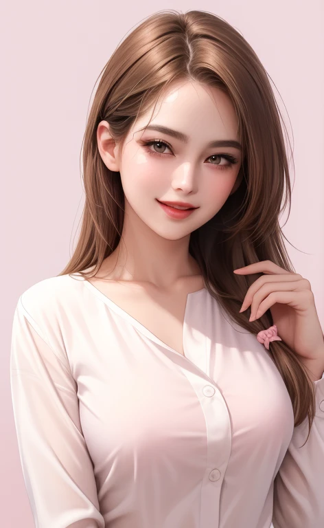 (masterpiece,best quality,ultra_detailed,highres,absurdres), 1 female, 24-ish, female focus, solo, white skin, little breasts, soft brown long hair (hush cut style), upper body, looking at viewer, smile face, parted lips, long sleeves, hand on own shoulder...