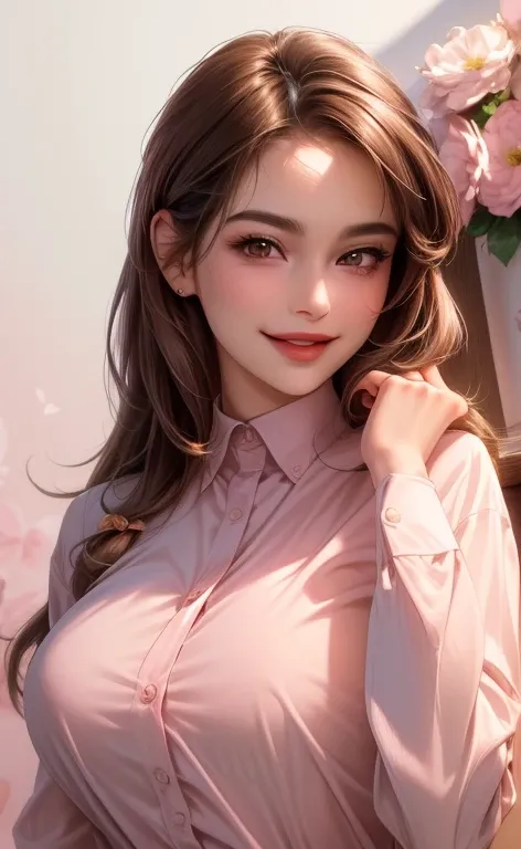 (masterpiece,best quality,ultra_detailed,highres,absurdres), 1 female, 24-ish, female focus, solo, white skin, soft brown long hair (hush cut style), upper body, looking at viewer, smile face, parted lips, long sleeves, hand on own shoulder, pink shirt, of...