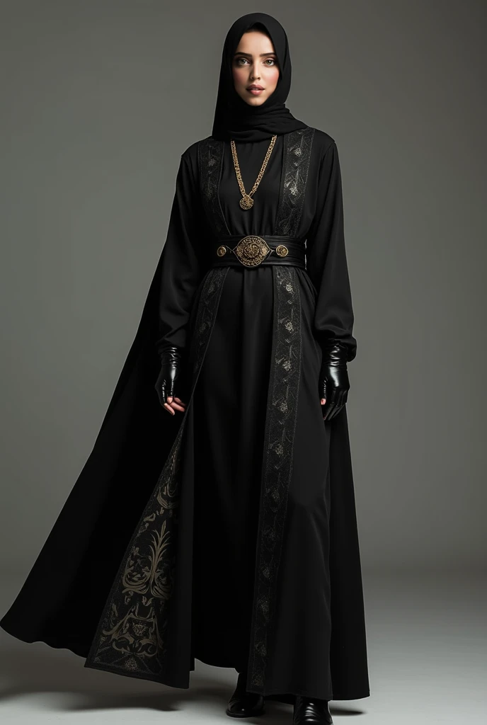 A beautiful woman with fair skin and a perfect figure, elegantly dressed in a black hijab, pairs it with a long black warrior abaya adorned with intricate designs on the inside, flowing gracefully in the wind. Her ensemble is flawlessly completed with blac...