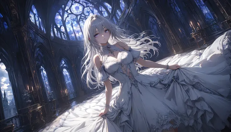  (((Masterpiece))),(((best quality))), Gothic style bedroom, a beautiful woman with long silver hair wearing a white dress ,dynamic angle,  detailed beautiful face and eyes, moody lighting, Unreal Engine, HQ, 16K, 8K, extremely detailed CG, high resolution...