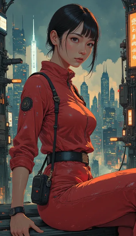 Girl, 1 person, full body pinup, exquisite details, (light pink short bob hair: 6), super sexy cyberpunk girl, (full body shot of exposed cyberpunk girl looking at the viewer, red rubber cybersuit: 6.6), (Chicago city at night: 2), full of cyberpunk items