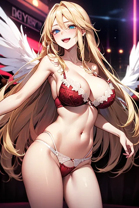 Angewomon,Very detailed、(((multiple white angel wings))), (((red color lingerie))), (((red color underwear))), highest quality、Best image quality、masterpiece、8k、Anime Face、A kind smile、Open Mouth、(Blonde long hair:1.5)、big breast, sexy、 beautiful body 、Cow...