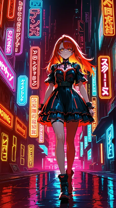 a anime woman, cyberpunk style, neon lights, neon high-tech clothing, futuristic frilly dress, black and red, walking in the futuristic city, long burning red hair, piercing eyes, detailed eyes, orange eyes, serious face,